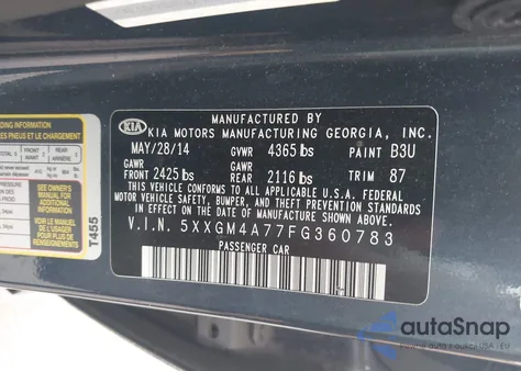 2015 Kia Optima Lx z USA, uszkodzony, nr VIN 5XXGM4A77FG360783